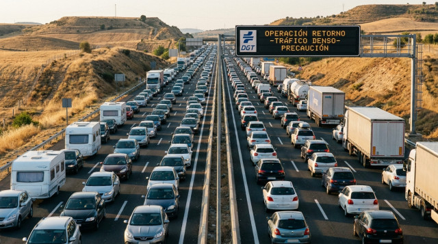 vista aérea de una autovía española con tráfico denso y señalización luminosa de la DGT durante la operación retorno