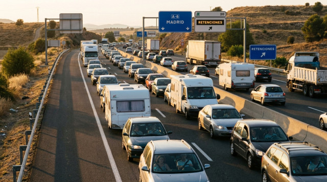 Imagen de tráfico denso pero ordenado en una autovía de varios carriles al atardecer durante la operación retorno de verano