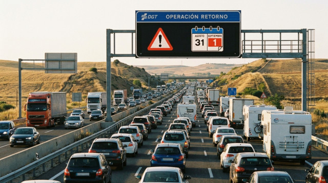 tráfico denso en autopista española durante la Operación Retorno de verano con paneles informativos de la DGT