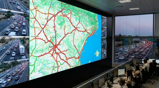 Mapa de tráfico en carretera con retenciones de vehículos durante la operación salida de agosto