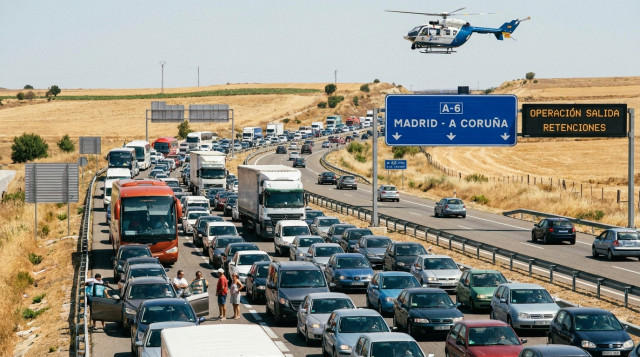 Retención de tráfico en autopista española durante la Operación Salida del puente de la Asunción