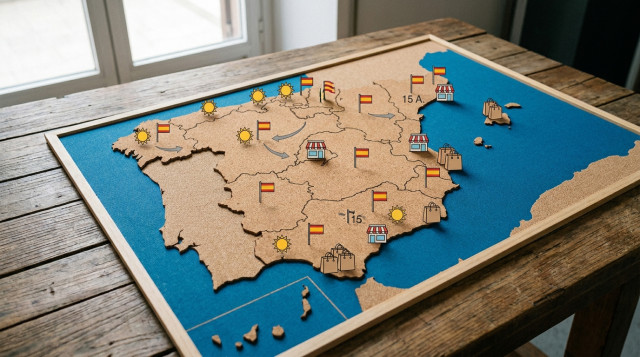 Mapa de España destacando las fechas de festivos nacionales de agosto y aperturas del comercio en verano