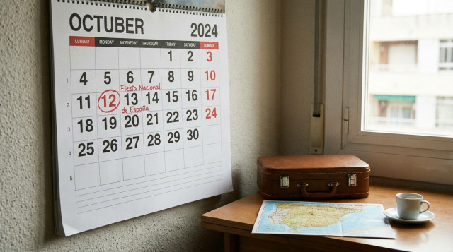 Calendario de octubre señalando el lunes 12 de octubre como festivo nacional de la Fiesta Nacional de España