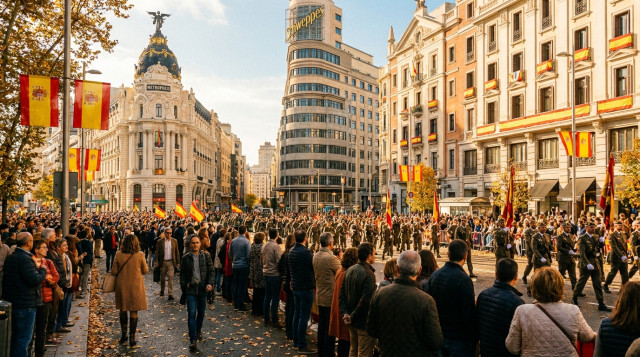 Imagen de la Gran Vía madrileña con banderas en un día soleado de otoño representando la Fiesta Nacional