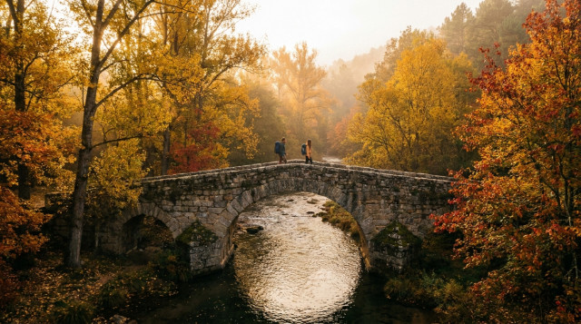Paisaje de bosque otoñal con hojas doradas en un parque nacional de España durante el puente de octubre