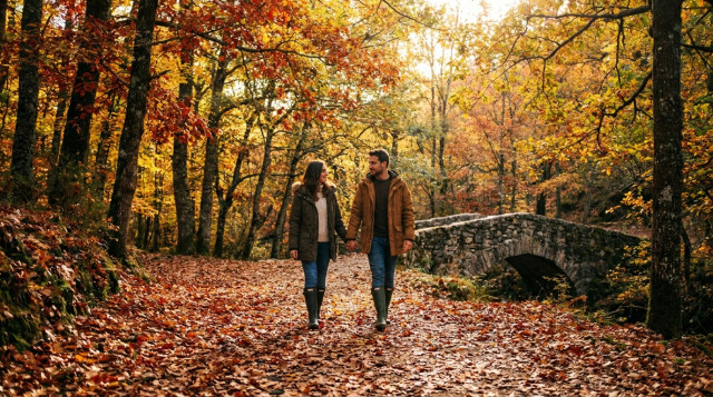 Pareja caminando por un sendero de bosque otoñal con hojas doradas durante el puente de Todos los Santos