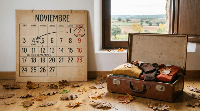 Calendario de pared marcando el domingo 1 y el lunes 2 de noviembre junto a una maleta de viaje y hojas de otoño