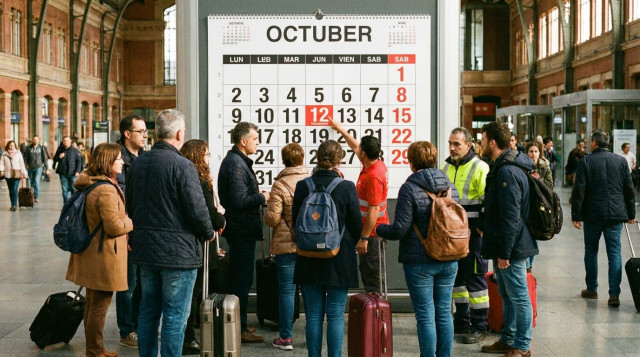 Trabajadores y viajeros consultando el calendario del puente del 12 de octubre en una estación de tren en España