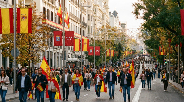 Personas paseando por una avenida céntrica de Madrid engalanada con banderas durante la jornada festiva del puente del 12 de octubre