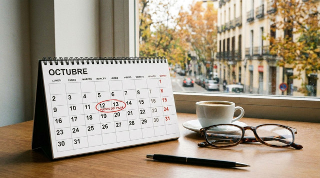 Calendario de escritorio abierto en el mes de octubre marcando los festivos del Puente del Pilar