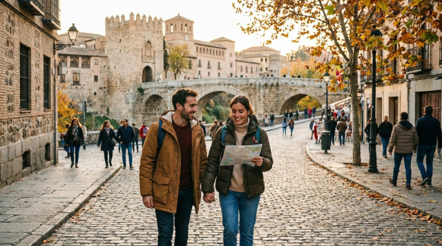Pareja de viajeros caminando por una calle histórica empedrada de una ciudad monumental española durante el puente del Pilar