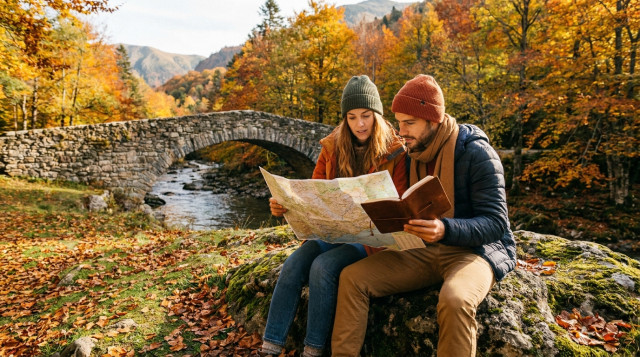 Pareja de viajeros consultando un mapa y una agenda de viajes durante una escapada de otoño en un entorno de montaña con hojas secas y tonos dorados