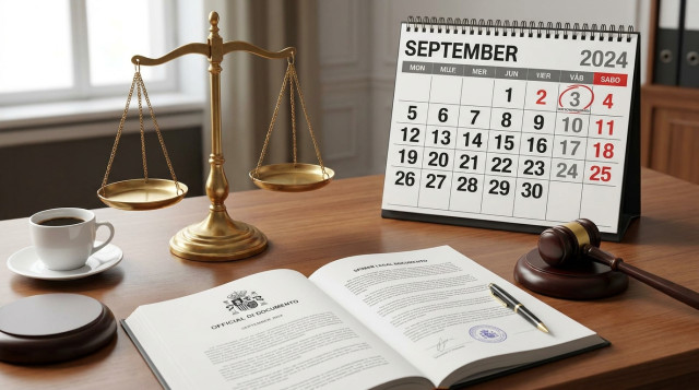 Balanza de la justicia sobre un escritorio con un calendario oficial de septiembre y documentos judiciales abiertos