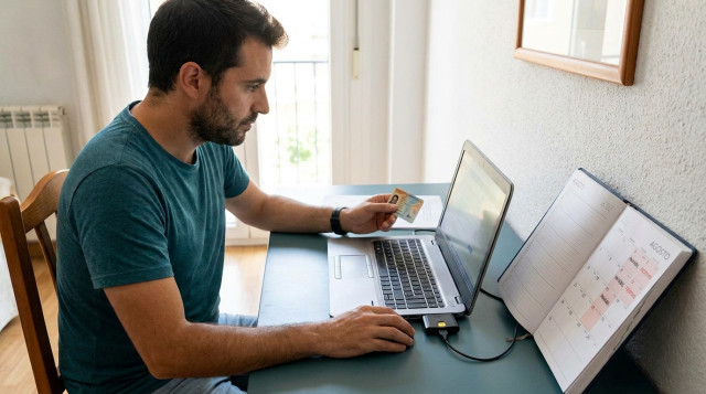 Usuario realizando un trámite electrónico con certificado digital ante un ordenador con una agenda oficial del mes de agosto