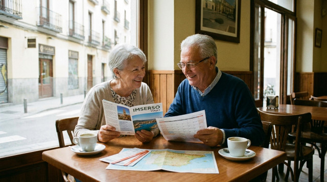 Pareja de personas mayores consultando un folleto de viajes y un calendario de reservas del Imserso en una mesa con billetes y mapa de España