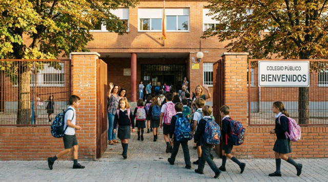 alumnos entrando con mochilas al colegio durante la vuelta al cole en septiembre