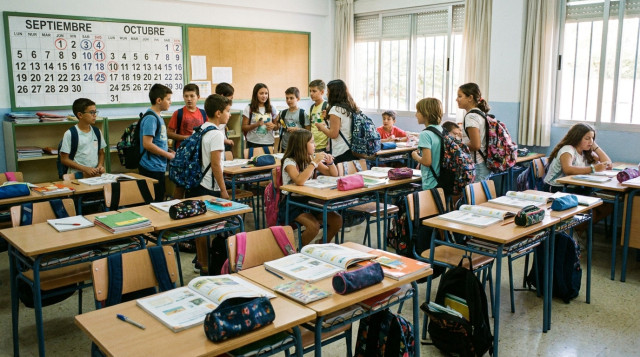 Aula escolar con mochilas y material didáctico durante la vuelta al cole