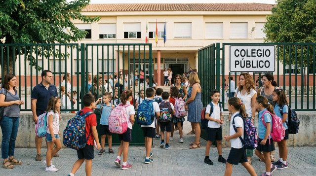 Estudiantes con mochilas y material escolar entrando a un colegio público al inicio de la vuelta al cole en septiembre