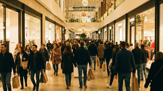 clientes caminando por la galería de un centro comercial iluminado con tiendas abiertas durante un día festivo autorizado