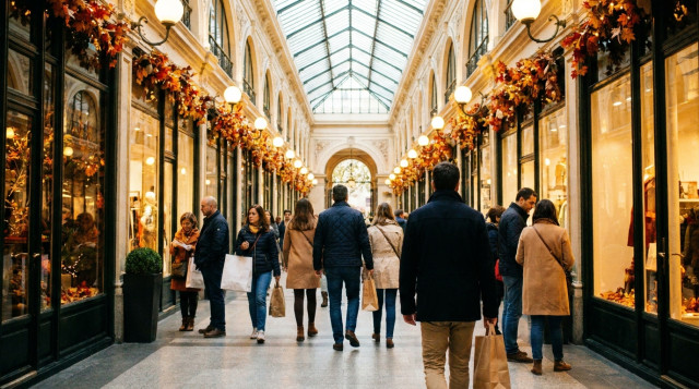 Clientes paseando por la galería iluminada de un centro comercial durante una jornada de apertura festiva en otoño