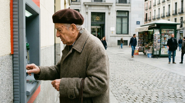 persona mayor consultando su saldo bancario en un cajero automático en una calle de España para comprobar el cobro de la pensión