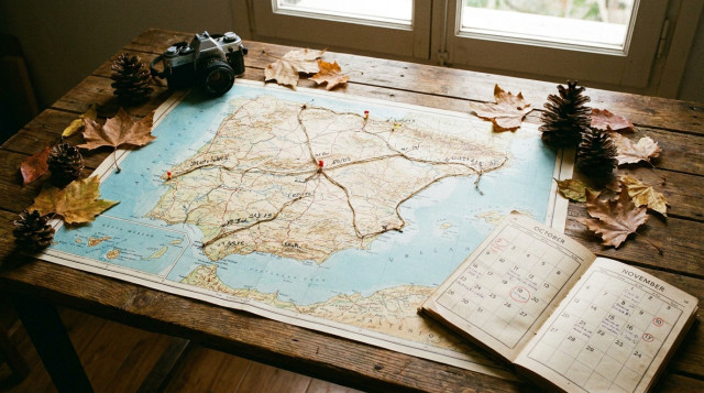 mapa de España con señalización de fechas y calendario de escapadas de otoño