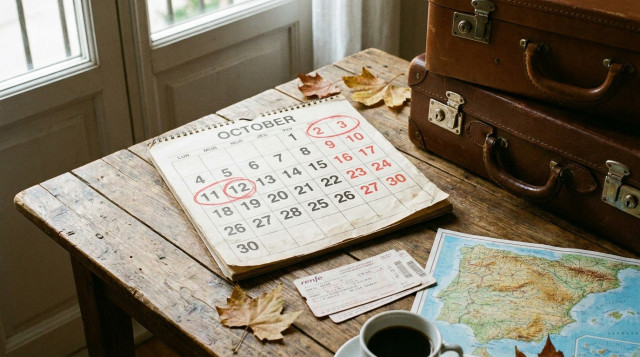 Calendario de octubre señalando el lunes 12 y el puente festivo con billetes de tren y maletas sobre una mesa de madera