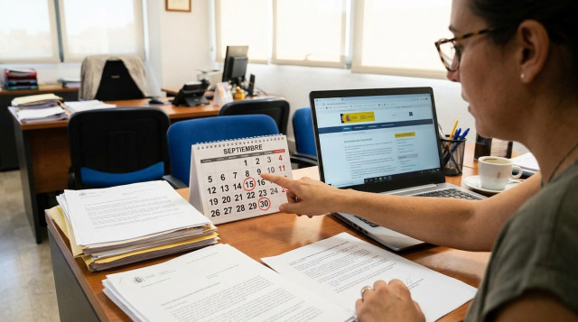 persona revisando documentos oficiales y señalando fechas clave en un calendario de sobremesa junto a un ordenador