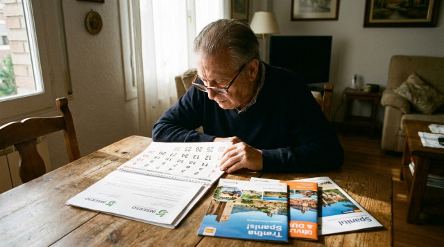 persona mayor revisando en una mesa el calendario con documentos del Imserso y folletos de destinos turisticos