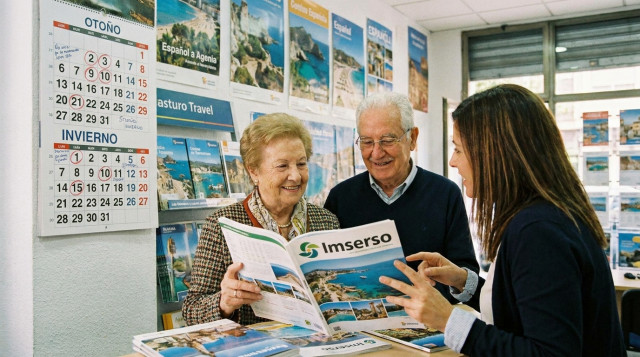 Personas mayores consultando un catálogo de viajes del Imserso junto a un calendario con fechas marcadas en una agencia de viajes