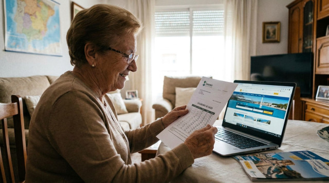 persona mayor consultando su carta de acreditación con las fechas del calendario de viajes del Imserso junto a un ordenador