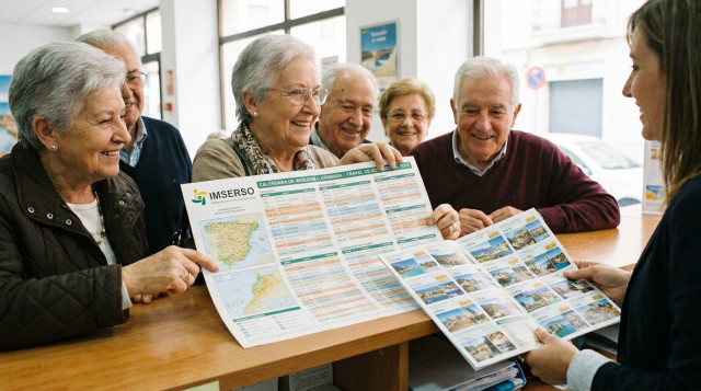Cartel informativo y catálogo de viajes del Imserso en el mostrador de una agencia de viajes con personas mayores planificando sus fechas de salida