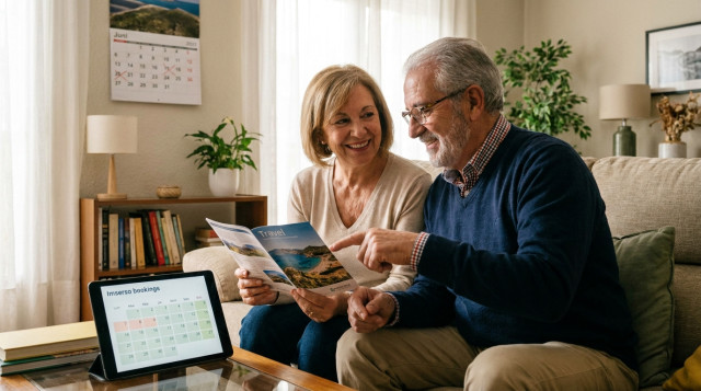 Pareja de jubilados consultando un folleto de viajes y una tableta digital para reservar en el calendario del Imserso