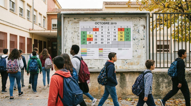 Alumnos con mochilas saliendo de un centro escolar junto a un panel informativo con el calendario escolar del mes de octubre