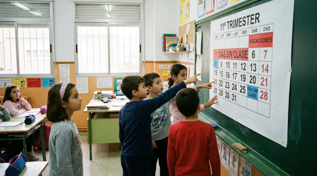 Alumnos en un aula de colegio frente a un calendario escolar en la pared con las fechas del primer trimestre señaladas