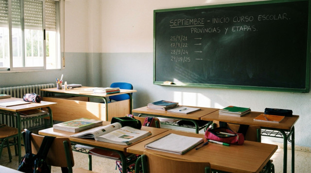 Aula escolar preparada para el inicio del calendario escolar de septiembre con libros pupitres y pizarra