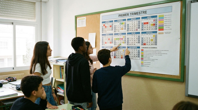 alumnos en un aula de colegio consultando las fechas del calendario escolar en un tablón de anuncios