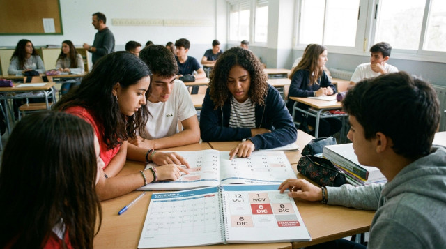Estudiantes en un aula escolar repasando las fechas señaladas en una agenda y calendario escolar abierto sobre el pupitre