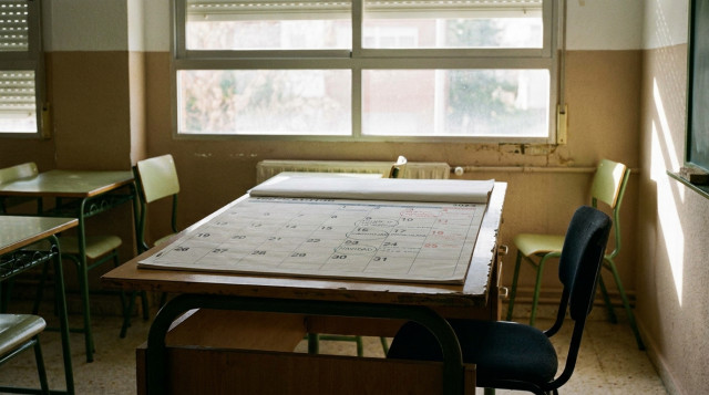 aula vacía con un calendario escolar sobre el pupitre señalando las fechas de los primeros puentes y festivos del curso