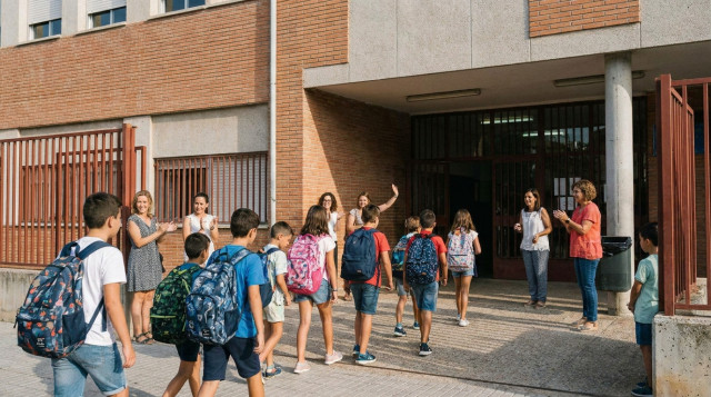 Alumnos entrando a un colegio público con mochilas en el inicio del curso escolar en España