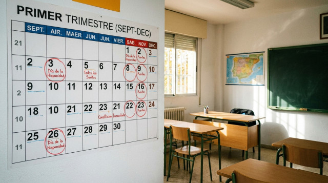 Aulas vacías y calendario escolar con los días festivos y puentes señalados en el primer trimestre