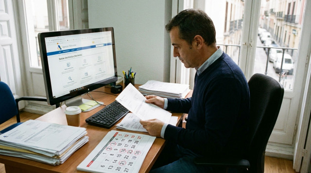 Autónomo revisando facturas y liquidaciones del calendario fiscal de autónomos frente a un ordenador con la sede electrónica de Hacienda abierta