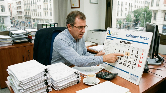contribuyente revisando facturas y el calendario fiscal de Hacienda en una oficina