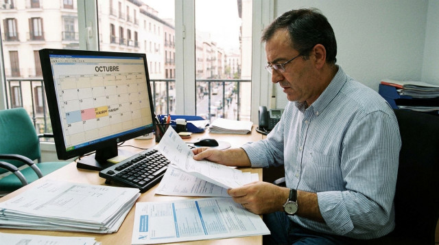 contribuyente revisando facturas y liquidaciones trimestrales de IVA e IRPF en un ordenador de oficina con el calendario fiscal de octubre