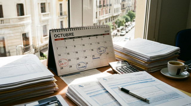 calendario fiscal de octubre sobre una mesa de oficina con documentos contables y una calculadora