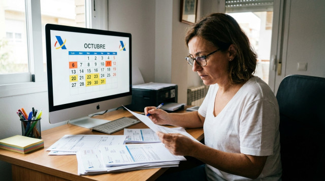 persona revisando facturas y liquidaciones del calendario fiscal de octubre frente a la pantalla de un ordenador