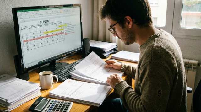 persona revisando facturas y liquidaciones del calendario fiscal de octubre frente a un ordenador