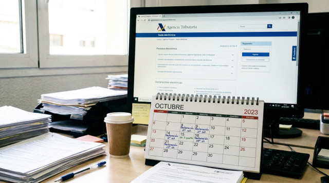 Pantalla de ordenador con el portal de la sede electrónica de la Agencia Tributaria y un calendario fiscal de octubre en primer plano