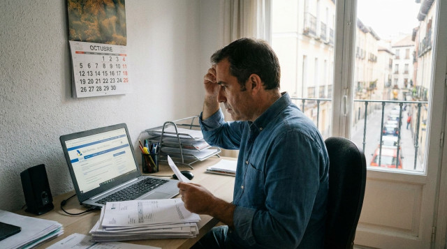 Profesional autónomo revisando facturas trimestrales y el calendario fiscal de octubre frente a un ordenador con la sede electrónica de Hacienda