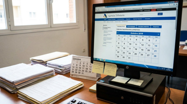 pantalla de ordenador con la sede electronica de la Agencia Tributaria abierta y documentacion del calendario fiscal de octubre para autonomos